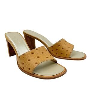 Vtg Unisa Ostrich Embossed Leather Slide Heels Tan Minimalist Y2K Mule Size 7